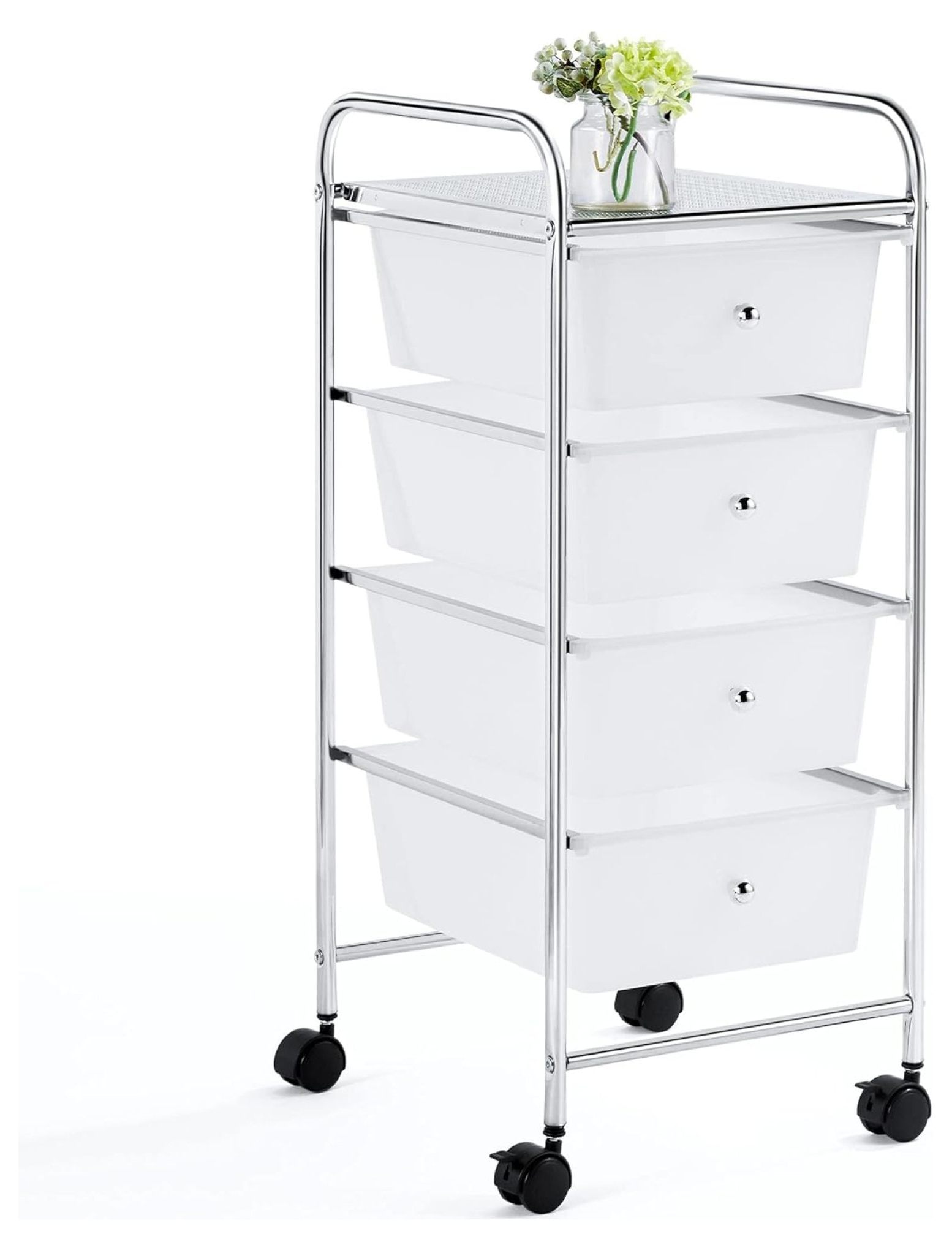 4 Tier Rolling Storage Cart with Removable Drawers Plastic Trolley Organizer craft cart organizer with drawers 360 Castor Wheels Cart, White
